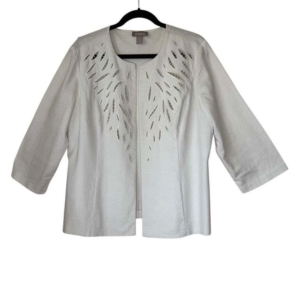Chico’s Jacket White Linen Blend Laser Cut 3/4 Slv Sz 12 Old Money, Classic